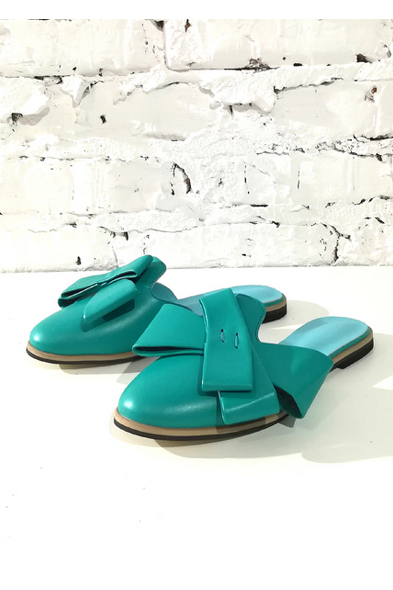 Buy Mule leather comfortable flat sole turquoise closed toe bow, Designer shoes